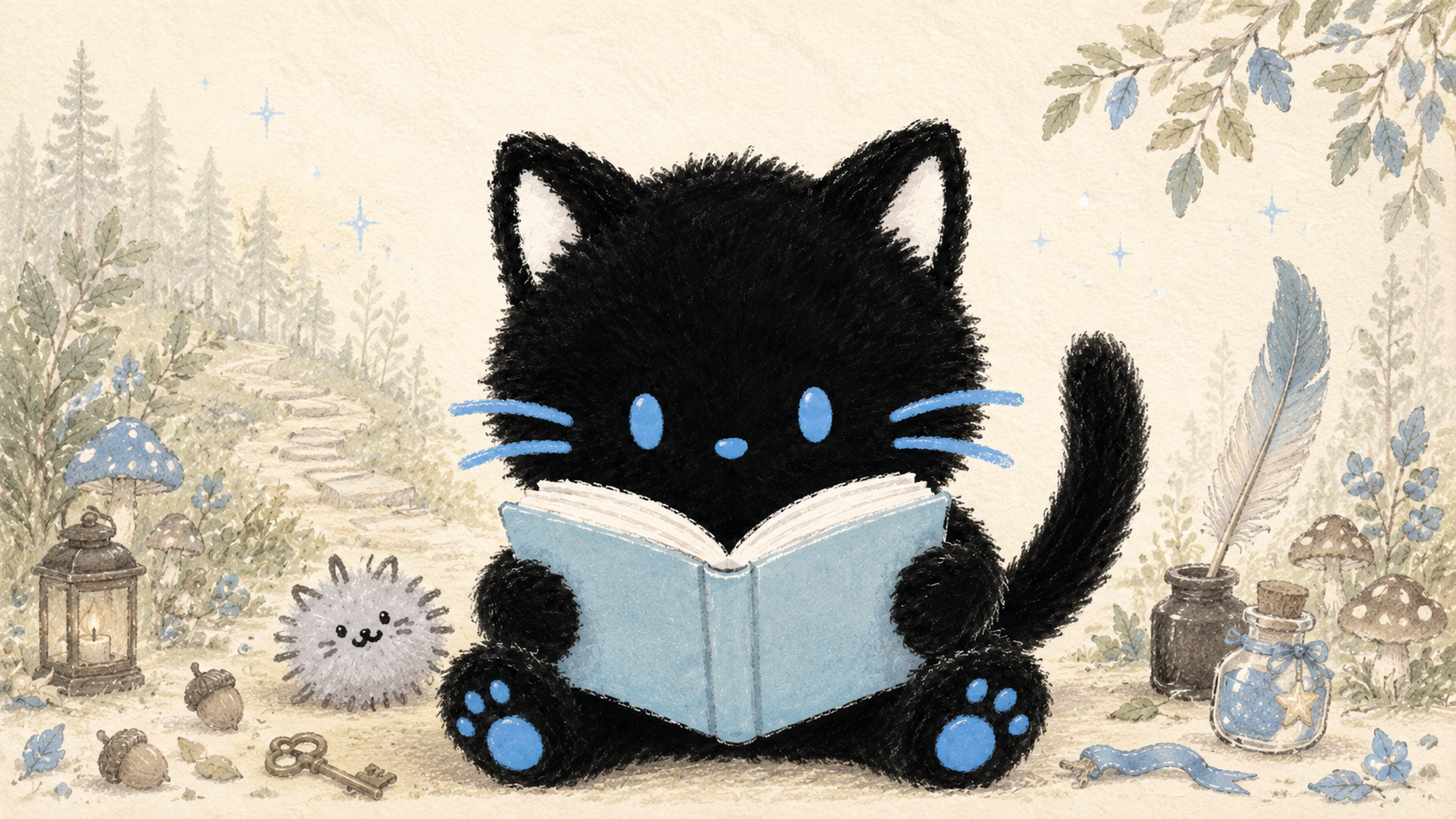 異世界の森で本を読む黒猫の主人公